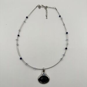 Vintage LIA SOPHIA Silvertone Rhinestones Black Pendant on 3 Wires 18" Necklace
